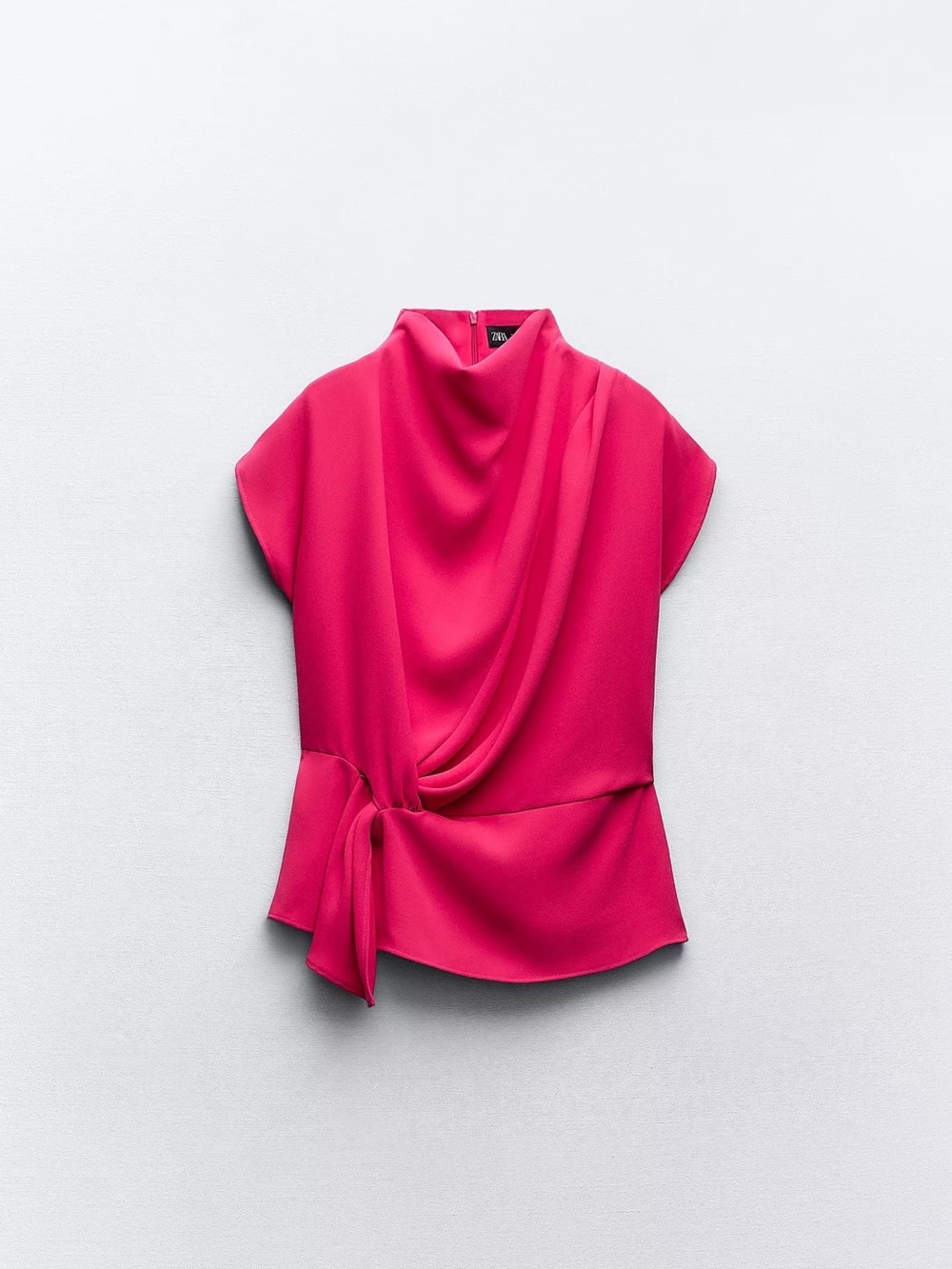 Zara Bright Pink Draped Short-Sleeve Blouse with Side Tie - Picture 3 of 3